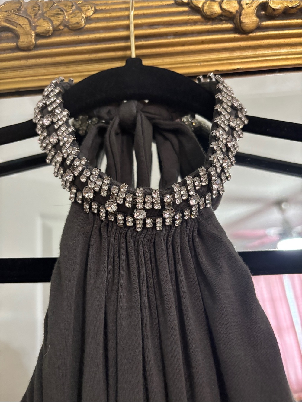 Sky brand gray halter top/tunic with rhinestone/jeweled neck size large (8-12)